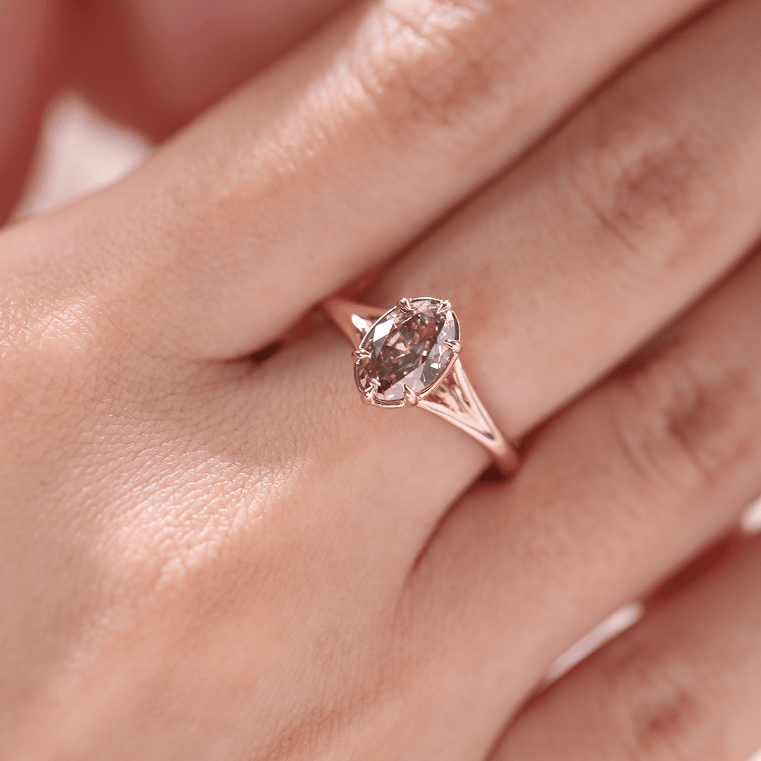 14K Rose Gold 1ct Oval Old Mine Cut Brown Lab Diamond 6 Claw Prong Cathedral Setting Solitaire Ring - FIORESE JEWELRY