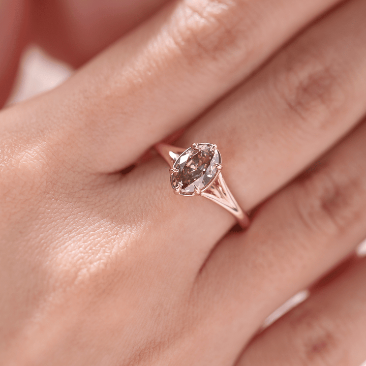 14K Rose Gold 1ct Oval Old Mine Cut Brown Lab Diamond 6 Claw Prong Cathedral Setting Solitaire Ring - FIORESE JEWELRY
