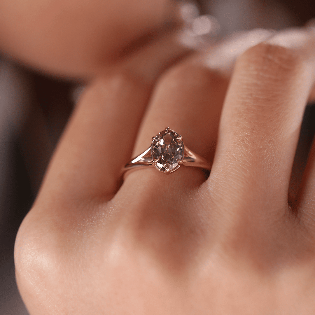 14K Rose Gold 1ct Oval Old Mine Cut Brown Lab Diamond 6 Claw Prong Cathedral Setting Solitaire Ring - FIORESE JEWELRY