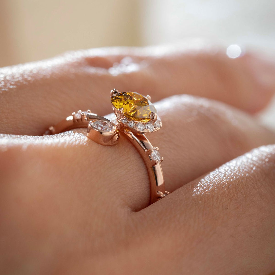 14K Rose Gold 1ct Yellow Round Lab Diamond Celestial - inspired Ring with Sun, New Moon, and Star Design - FIORESE JEWELRY