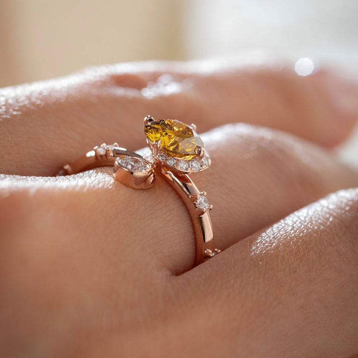 14K Rose Gold 1ct Yellow Round Lab Diamond Celestial - inspired Ring with Sun, New Moon, and Star Design - FIORESE JEWELRY
