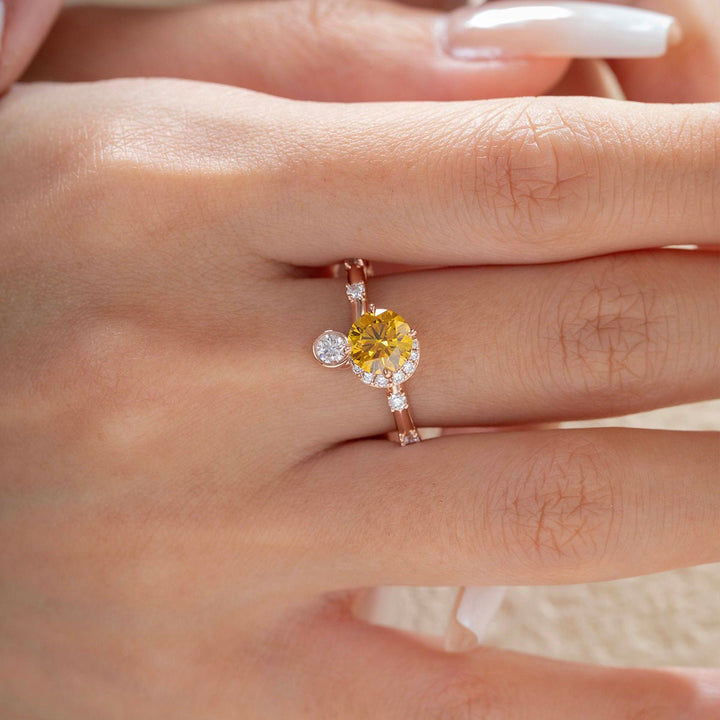 14K Rose Gold 1ct Yellow Round Lab Diamond Celestial - inspired Ring with Sun, New Moon, and Star Design - FIORESE JEWELRY