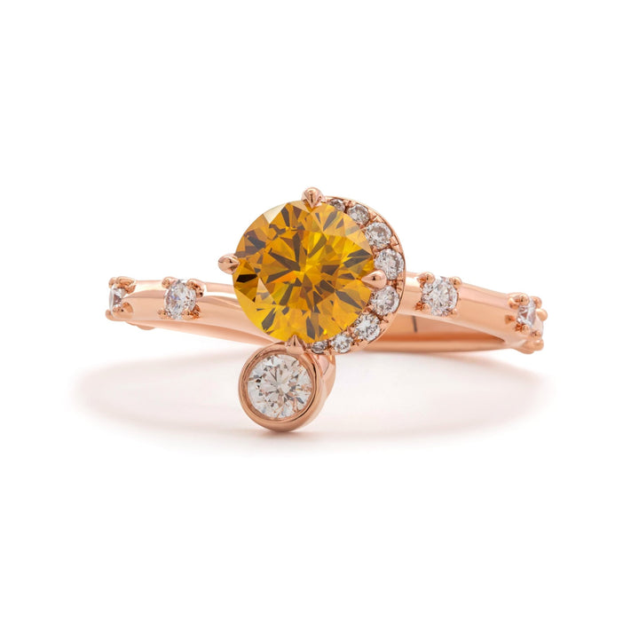 14K Rose Gold 1ct Yellow Round Lab Diamond Celestial - inspired Ring with Sun, New Moon, and Star Design - FIORESE JEWELRY
