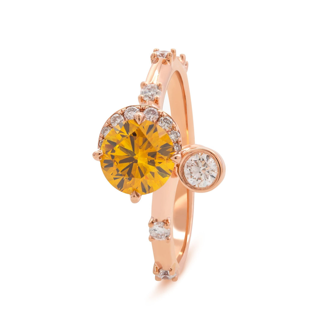 14K Rose Gold 1ct Yellow Round Lab Diamond Celestial - inspired Ring with Sun, New Moon, and Star Design - FIORESE JEWELRY