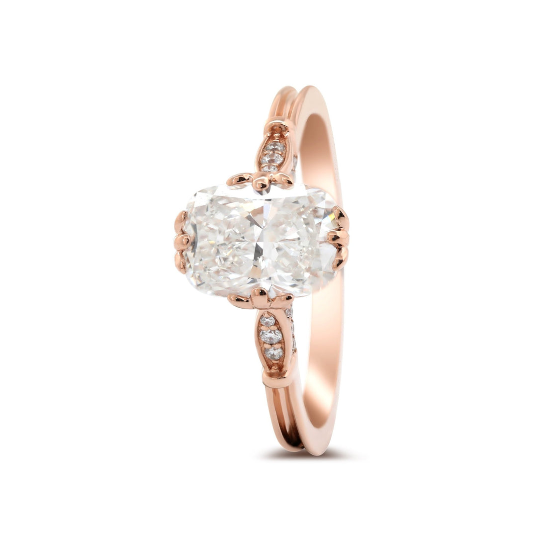 14K Rose Gold 2ct Elongated Cushion Cut Lab Diamond Triple Prong Cathedral Design Ring - FIORESE JEWELRY