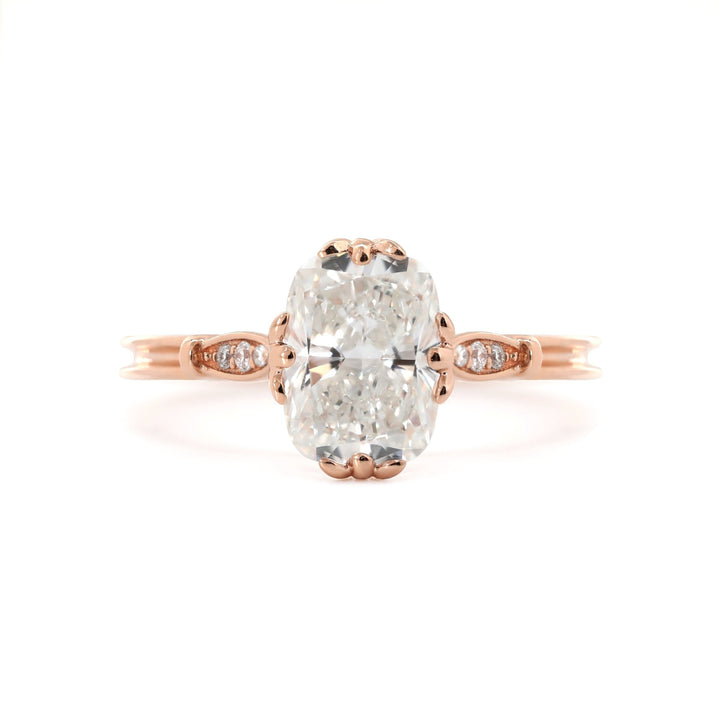 14K Rose Gold 2ct Elongated Cushion Cut Lab Diamond Triple Prong Cathedral Design Ring - FIORESE JEWELRY