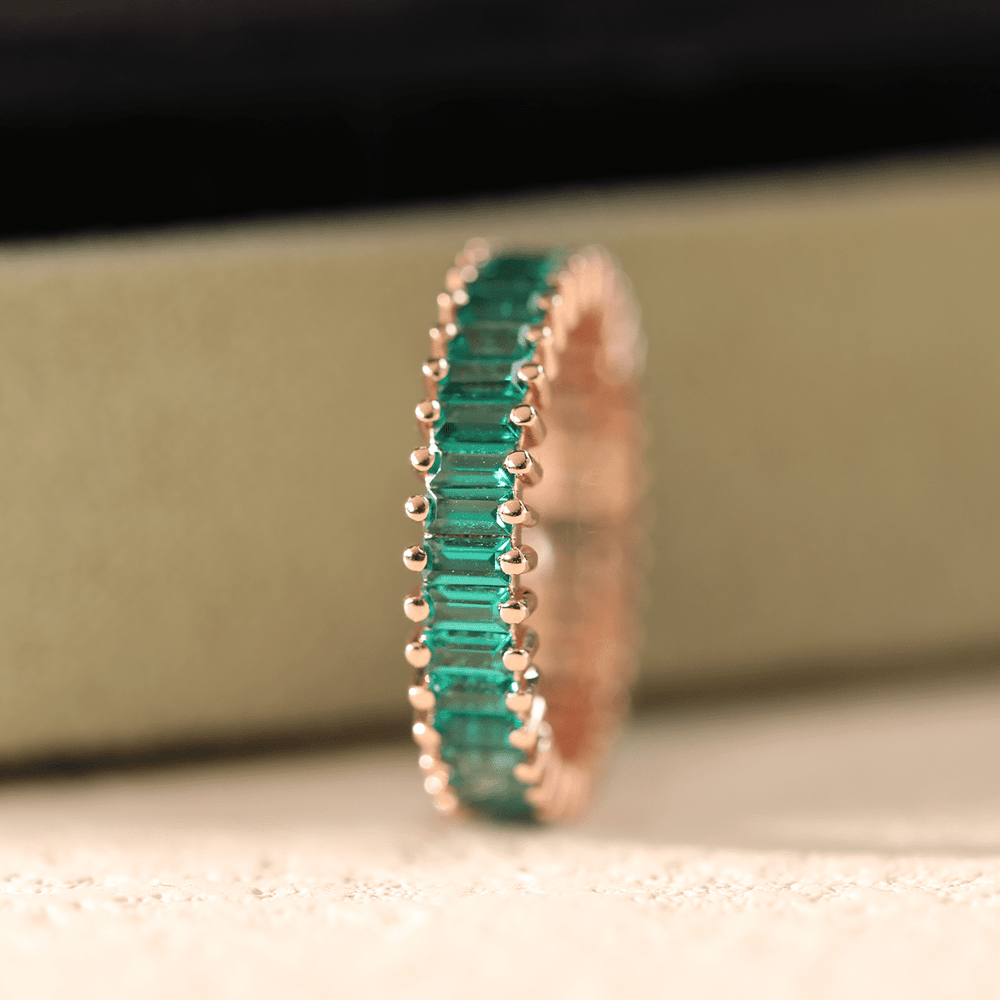 14K Rose Gold 3*1.5mm Baguette Cut Zambian Lab Emerald Eternity Ring - FIORESE JEWELRY