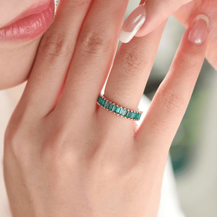 14K Rose Gold 3*1.5mm Baguette Cut Zambian Lab Emerald Eternity Ring - FIORESE JEWELRY