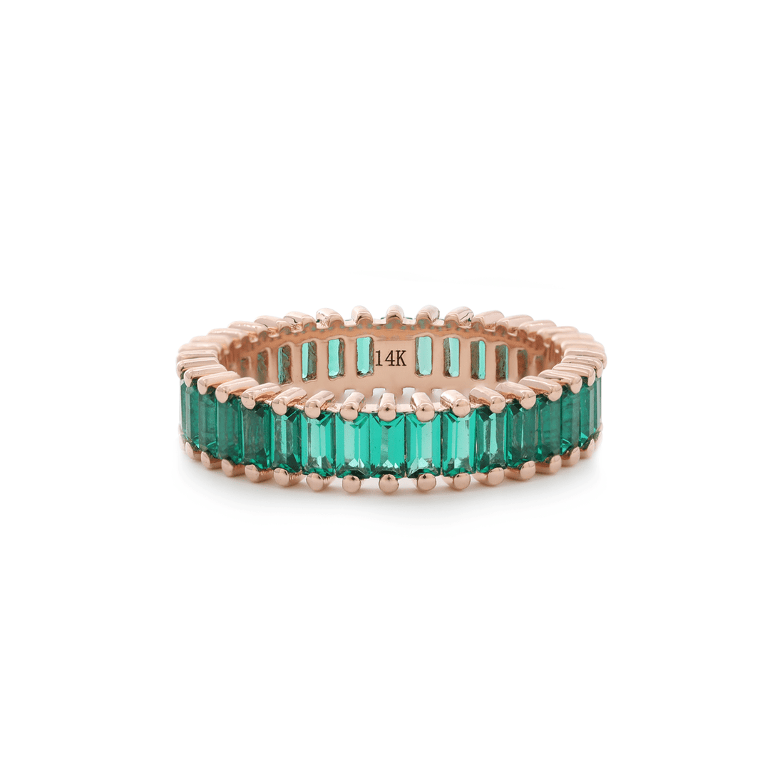 14K Rose Gold 3*1.5mm Baguette Cut Zambian Lab Emerald Eternity Ring - FIORESE JEWELRY