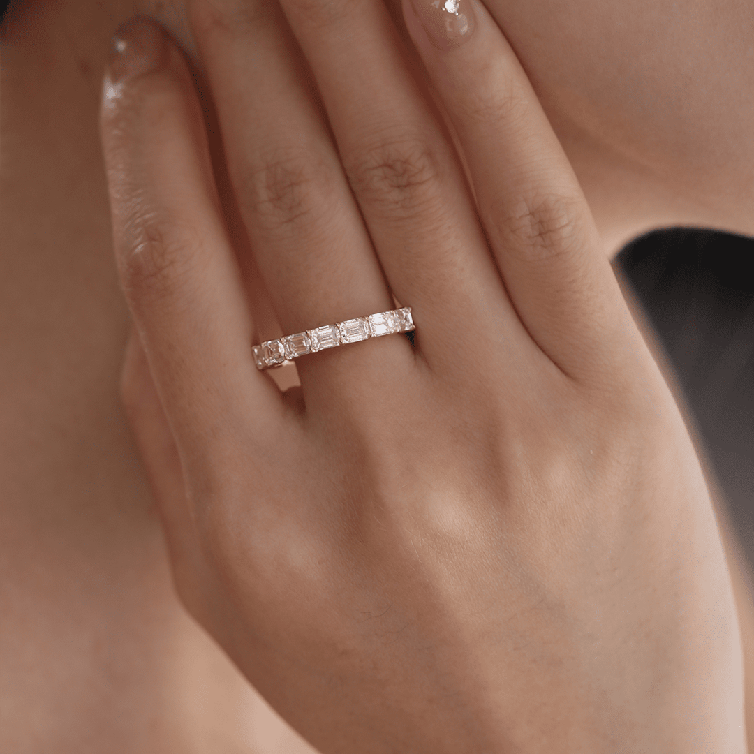 14K Rose Gold 4*3mm Emerald Cut Lab Diamond East - West Orientation Half Eternity Ring - FIORESE JEWELRY