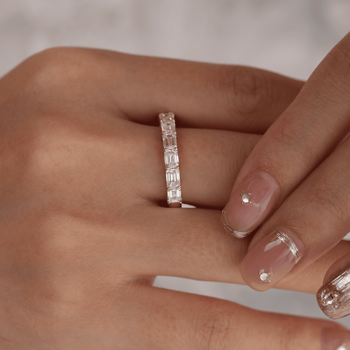 14K Rose Gold 4*3mm Emerald Cut Lab Diamond East - West Orientation Half Eternity Ring - FIORESE JEWELRY