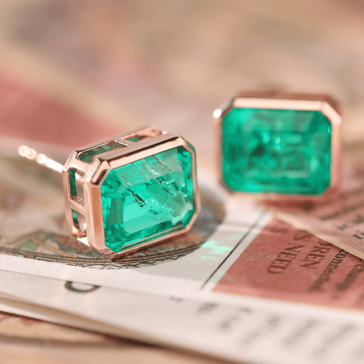 14K Rose Gold 6 ct tw Columbian Lab Emerald Bezel Basket Stud Earrings - FIORESE JEWELRY
