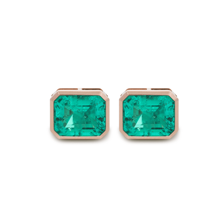14K Rose Gold 6 ct tw Columbian Lab Emerald Bezel Basket Stud Earrings - FIORESE JEWELRY
