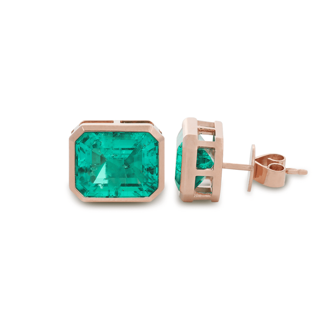 14K Rose Gold 6 ct tw Columbian Lab Emerald Bezel Basket Stud Earrings - FIORESE JEWELRY