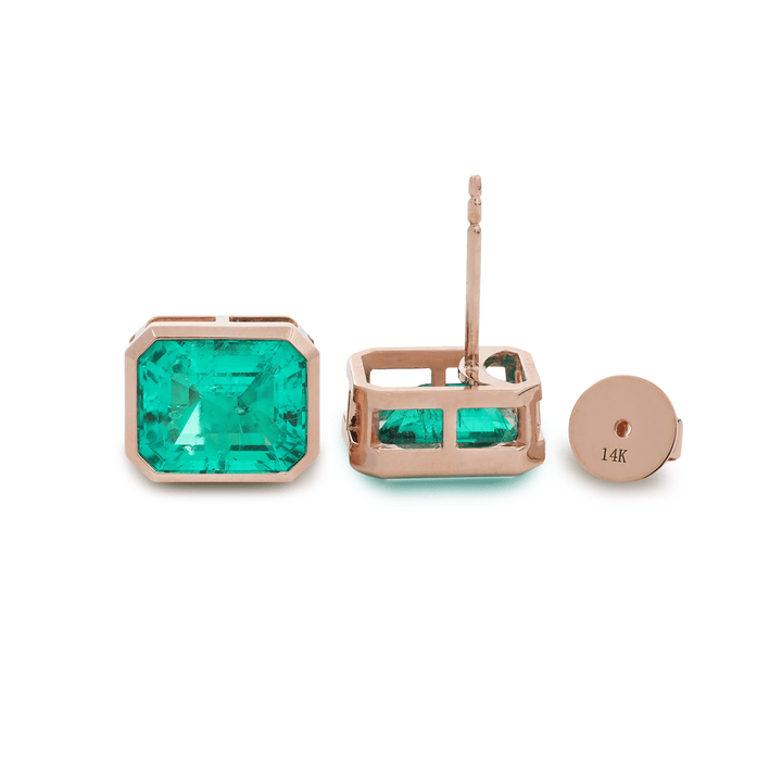 14K Rose Gold 6 ct tw Columbian Lab Emerald Bezel Basket Stud Earrings - FIORESE JEWELRY