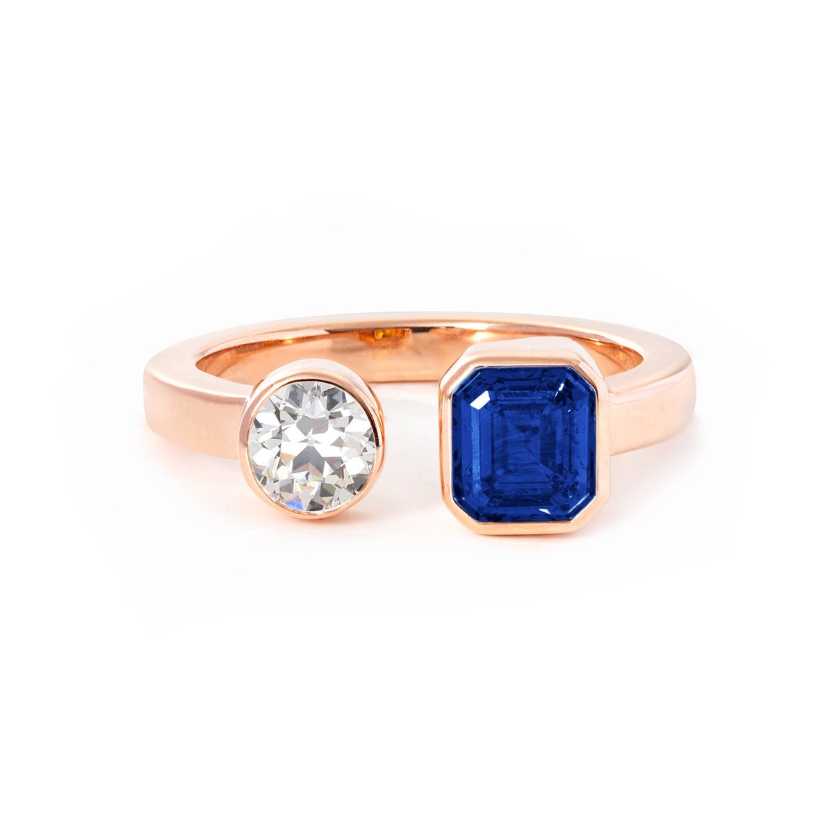 14K Rose Gold Emerald Cut Lab Sapphire and Old European Cut Lab Diamond Toi et Moi Ring - FIORESE JEWELRY