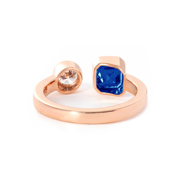 14K Rose Gold Emerald Cut Lab Sapphire and Old European Cut Lab Diamond Toi et Moi Ring - FIORESE JEWELRY