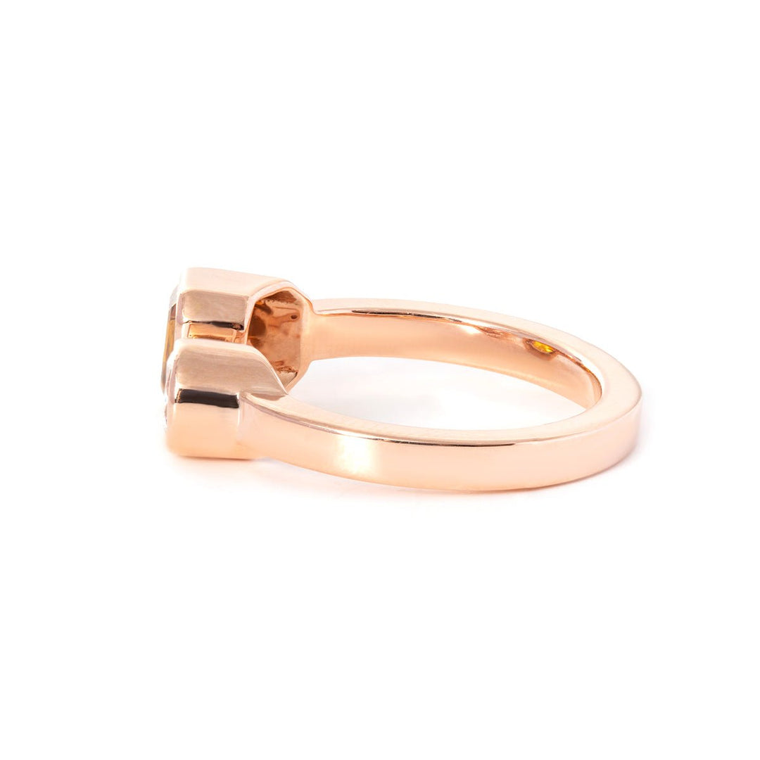 14K Rose Gold Emerald Cut Lab Sapphire and Old European Cut Lab Diamond Toi et Moi Ring - FIORESE JEWELRY