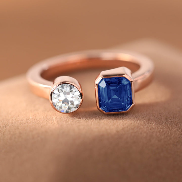 14K Rose Gold Emerald Cut Lab Sapphire and Old European Cut Lab Diamond Toi et Moi Ring - FIORESE JEWELRY