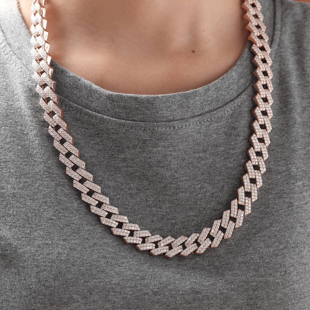 14K Rose Gold Iced Out Cuban Link Chain Necklace with Round Lab Diamond - FIORESE JEWELRY