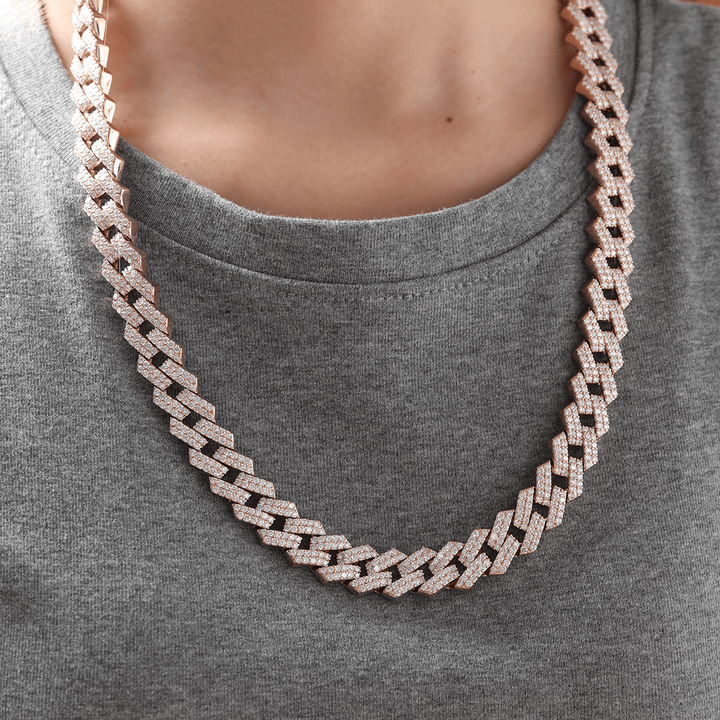 14K Rose Gold Iced Out Cuban Link Chain Necklace with Round Lab Diamond - FIORESE JEWELRY