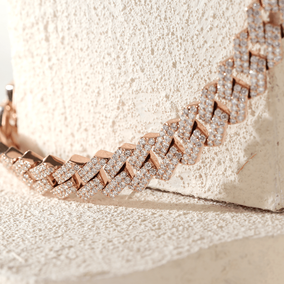 14K Rose Gold Iced Out Cuban Link Chain Necklace with Round Lab Diamond - FIORESE JEWELRY