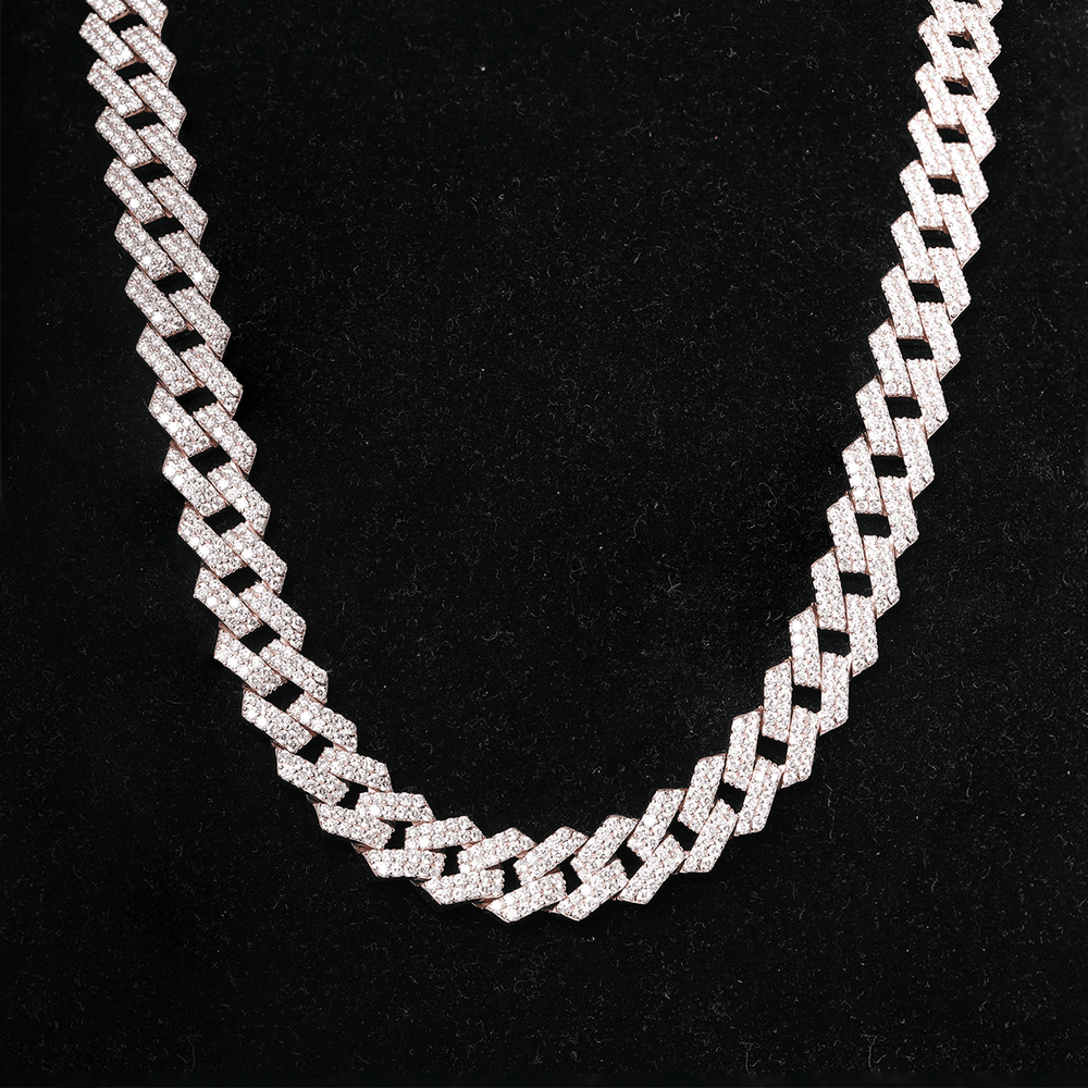 14K Rose Gold Iced Out Cuban Link Chain Necklace with Round Lab Diamond - FIORESE JEWELRY