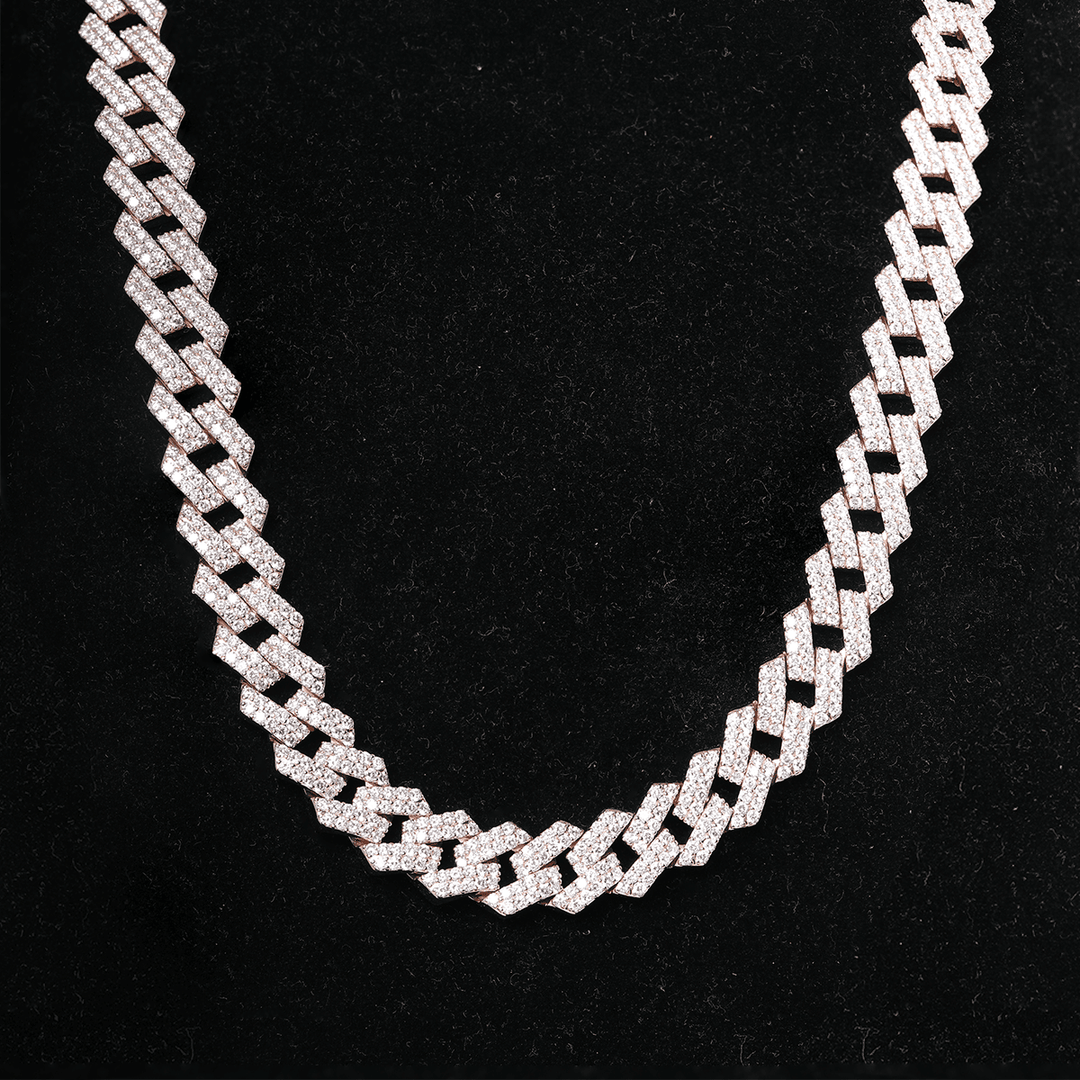 14K Rose Gold Iced Out Cuban Link Chain Necklace with Round Lab Diamond - FIORESE JEWELRY