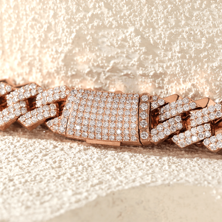 14K Rose Gold Iced Out Cuban Link Chain Necklace with Round Lab Diamond - FIORESE JEWELRY