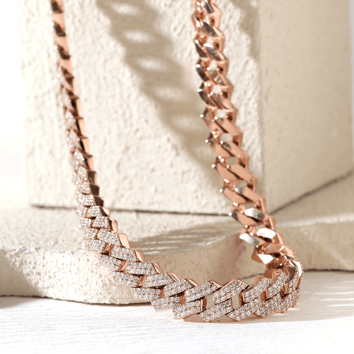 14K Rose Gold Iced Out Cuban Link Chain Necklace with Round Lab Diamond - FIORESE JEWELRY