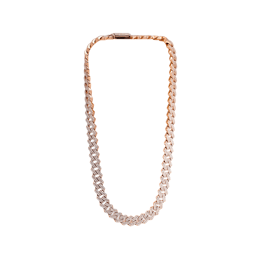14K Rose Gold Iced Out Cuban Link Chain Necklace with Round Lab Diamond - FIORESE JEWELRY