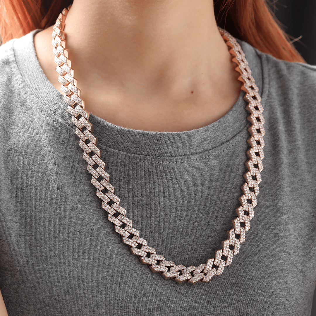 14K Rose Gold Iced Out Cuban Link Chain Necklace with Round Lab Diamond - FIORESE JEWELRY