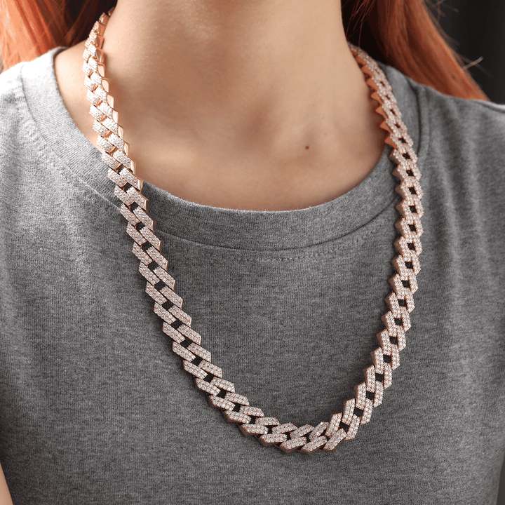 14K Rose Gold Iced Out Cuban Link Chain Necklace with Round Lab Diamond - FIORESE JEWELRY