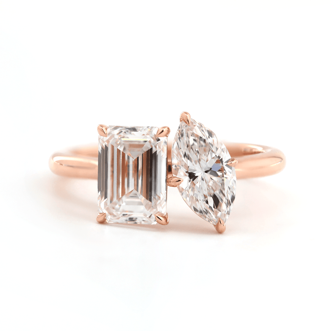14K Rose Gold Marquise Cut and Emerald Cut Lab Diamond Toi et Moi Ring - FIORESE JEWELRY