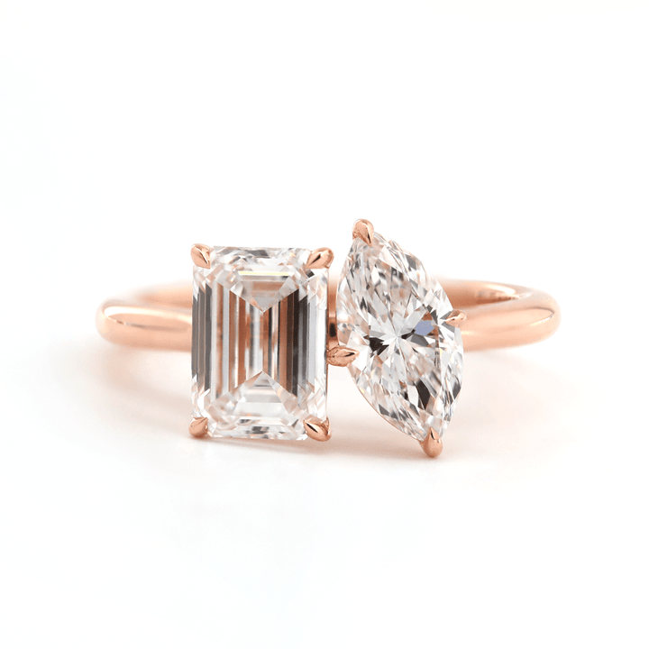 14K Rose Gold Marquise Cut and Emerald Cut Lab Diamond Toi et Moi Ring - FIORESE JEWELRY