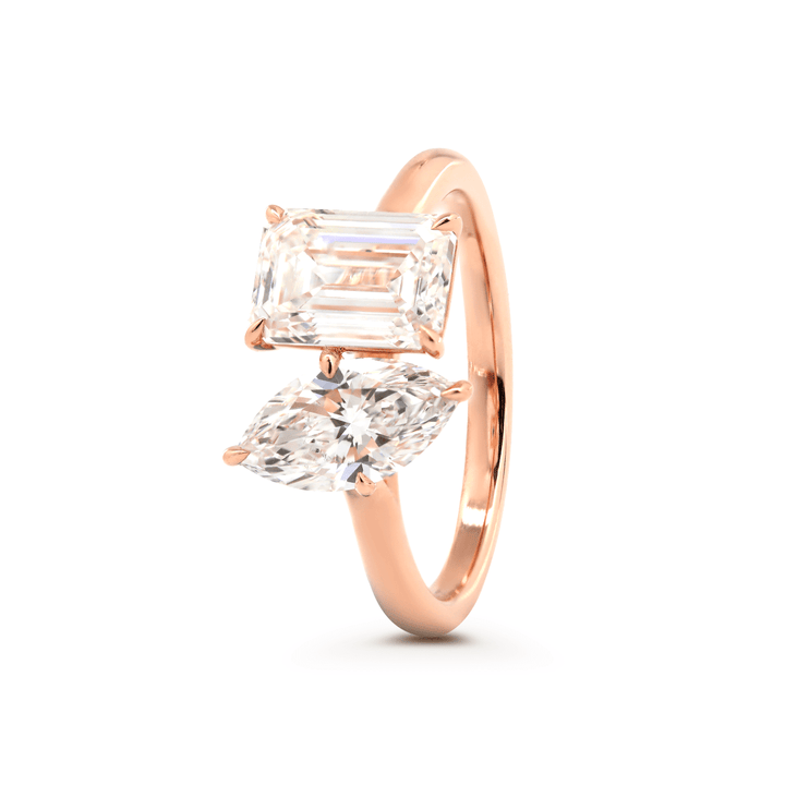 14K Rose Gold Marquise Cut and Emerald Cut Lab Diamond Toi et Moi Ring - FIORESE JEWELRY