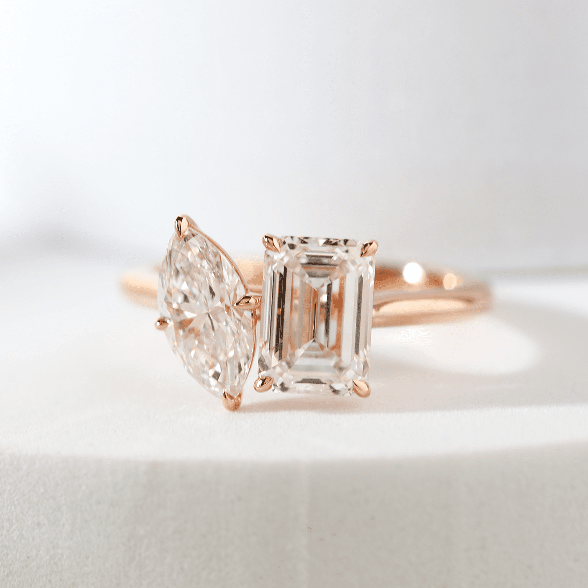 14K Rose Gold Marquise Cut and Emerald Cut Lab Diamond Toi et Moi Ring