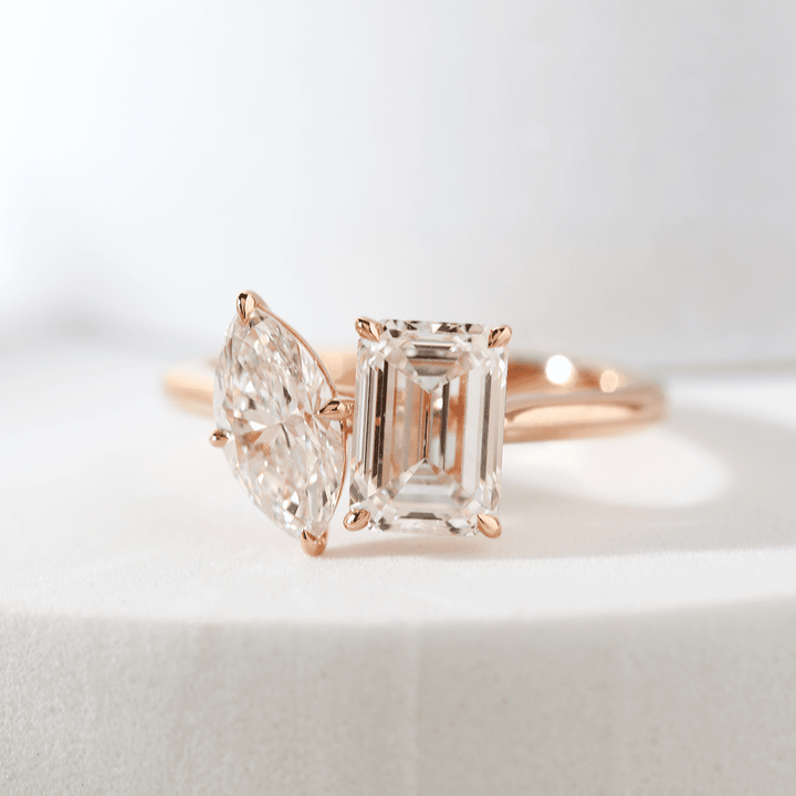 14K Rose Gold Marquise Cut and Emerald Cut Lab Diamond Toi et Moi Ring - FIORESE JEWELRY
