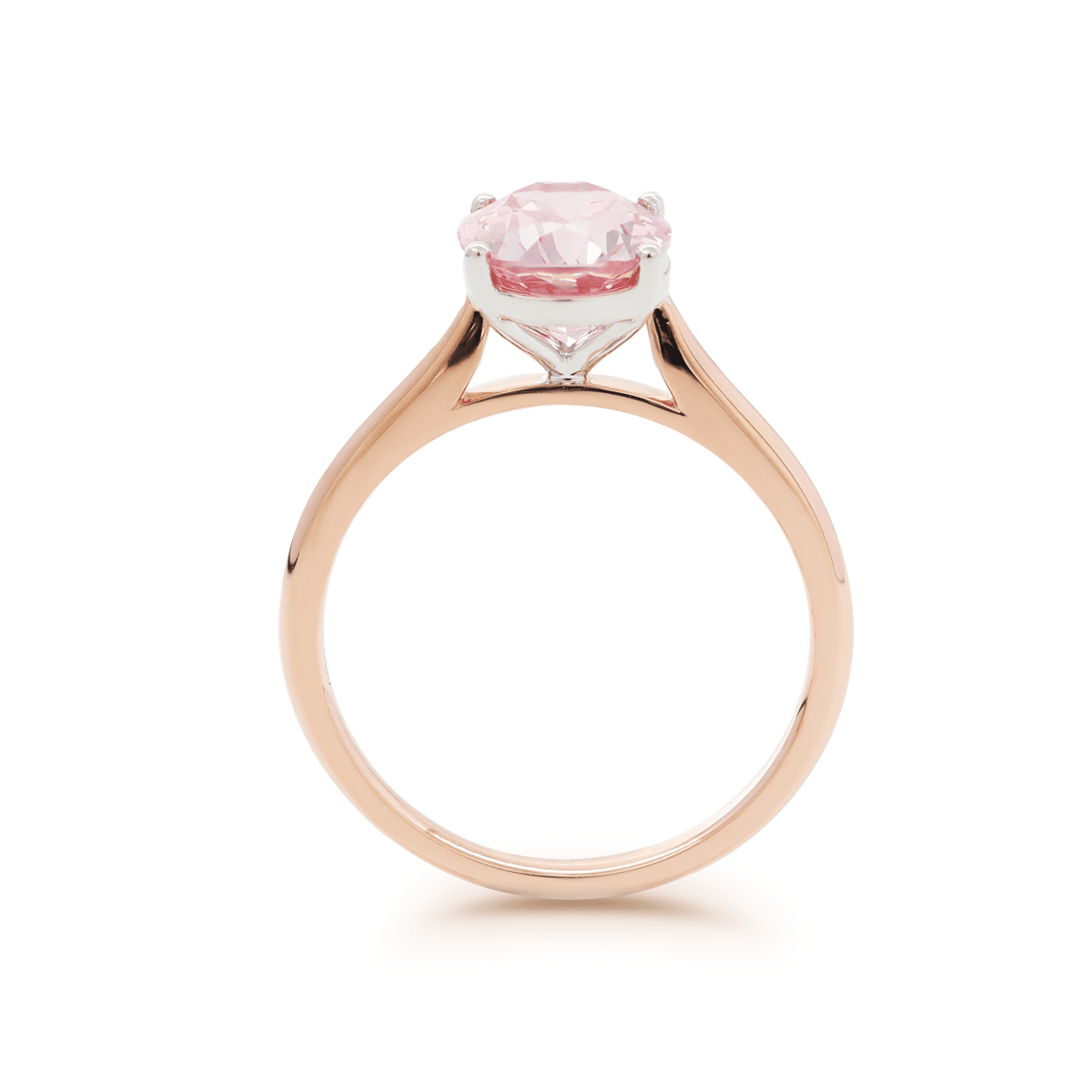 14K Rose Gold Oval Pink Lab Corundum Solitaire Ring in 4 White Gold Round Prong Cathedral Setting Design