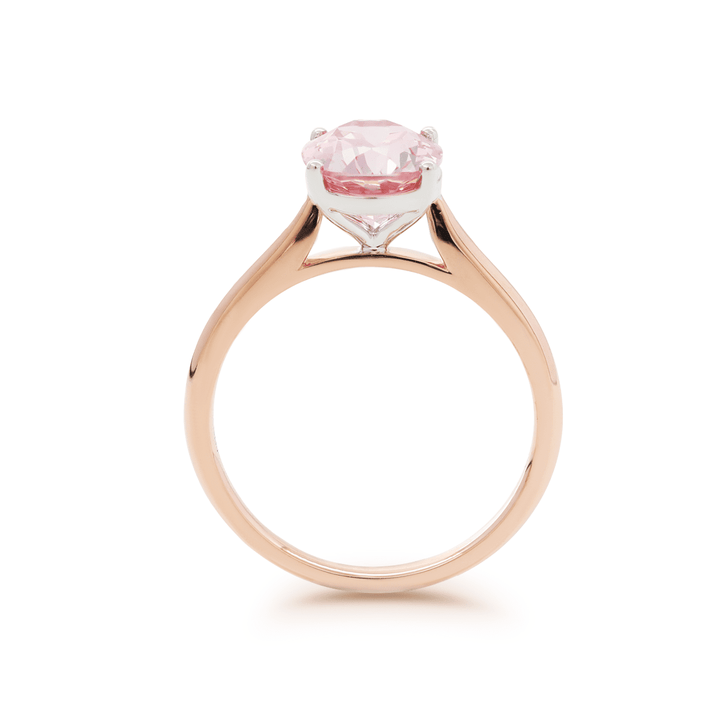 14K Rose Gold Oval Pink Lab Corundum Solitaire Ring in 4 White Gold Round Prong Cathedral Setting Design - FIORESE JEWELRY