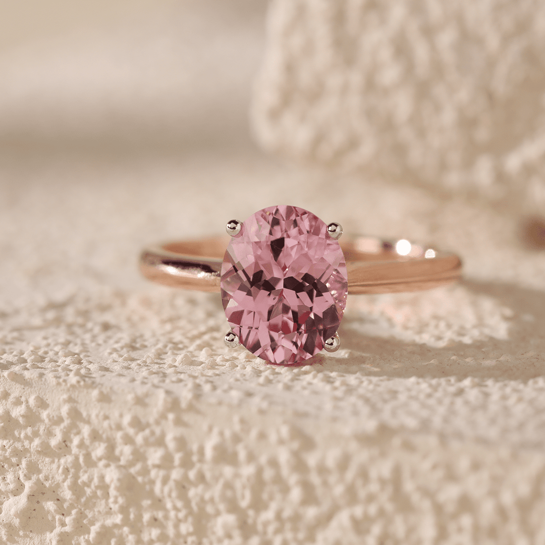 14K Rose Gold Oval Pink Lab Corundum Solitaire Ring in 4 White Gold Round Prong Cathedral Setting Design - FIORESE JEWELRY