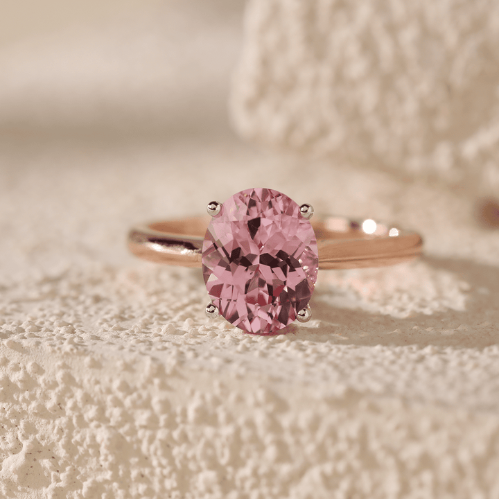 14K Rose Gold Oval Pink Lab Corundum Solitaire Ring in 4 White Gold Round Prong Cathedral Setting Design - FIORESE JEWELRY