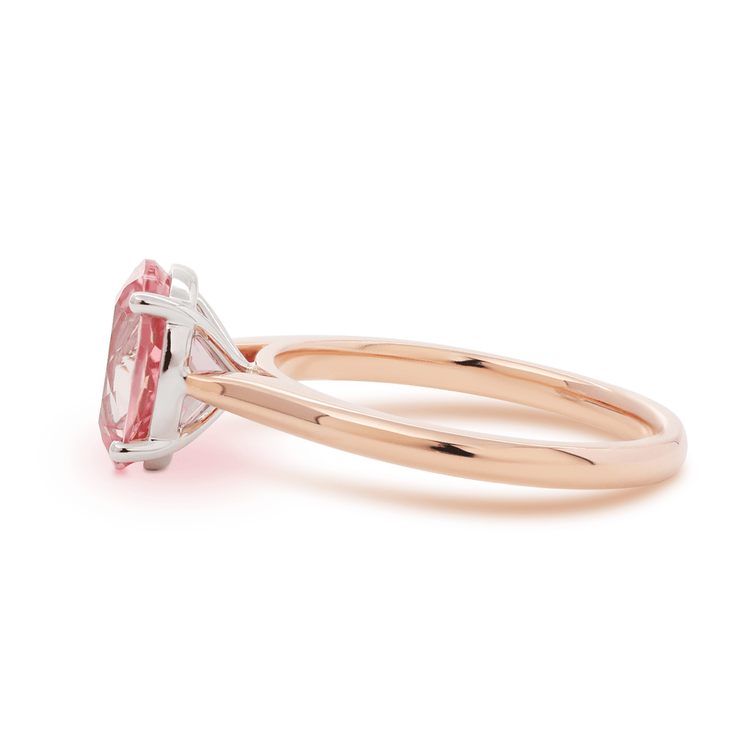 14K Rose Gold Oval Pink Lab Corundum Solitaire Ring in 4 White Gold Round Prong Cathedral Setting Design - FIORESE JEWELRY