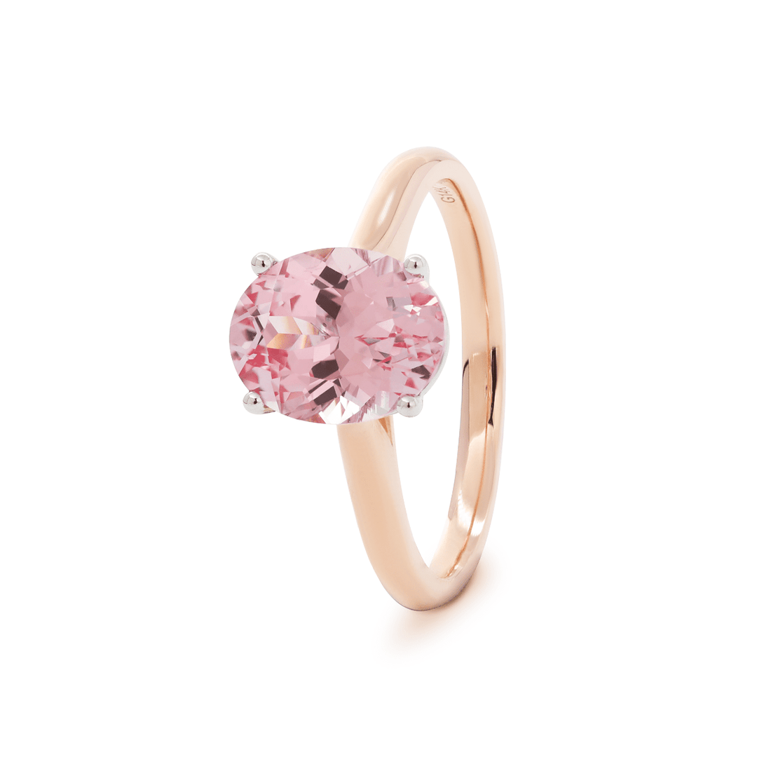 14K Rose Gold Oval Pink Lab Corundum Solitaire Ring in 4 White Gold Round Prong Cathedral Setting Design - FIORESE JEWELRY