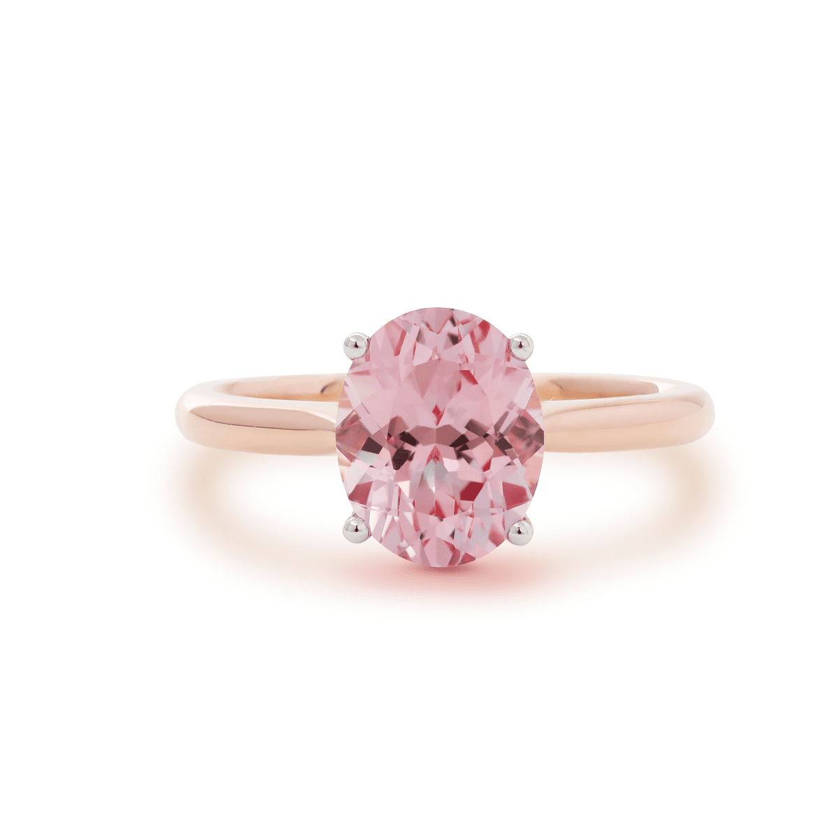 14K Rose Gold Oval Pink Lab Corundum Solitaire Ring in 4 White Gold Round Prong Cathedral Setting Design - FIORESE JEWELRY