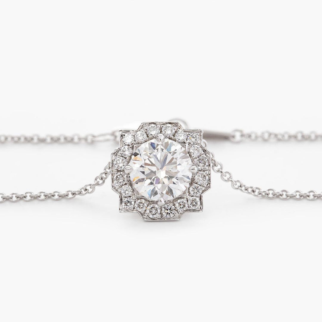 14K Round Brilliant Cut Lab Diamond Halo Setting White Gold Necklace - FIORESE JEWELRY