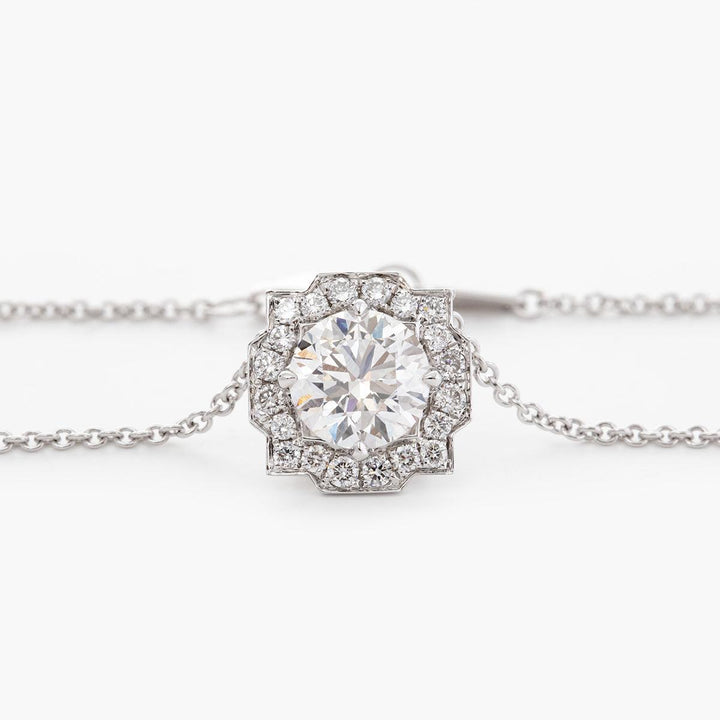 14K Round Brilliant Cut Lab Diamond Halo Setting White Gold Necklace - FIORESE JEWELRY