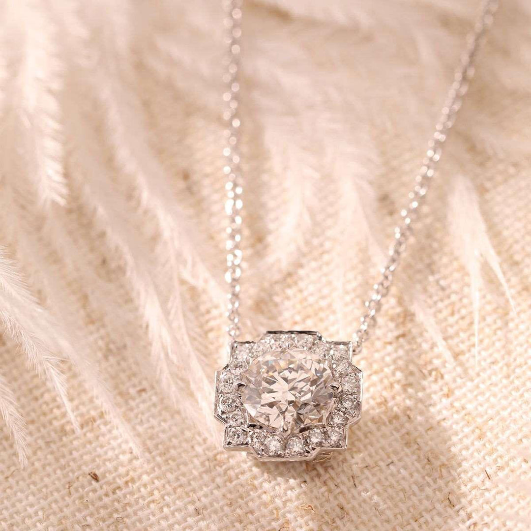 14K Round Brilliant Cut Lab Diamond Halo Setting White Gold Necklace - FIORESE JEWELRY