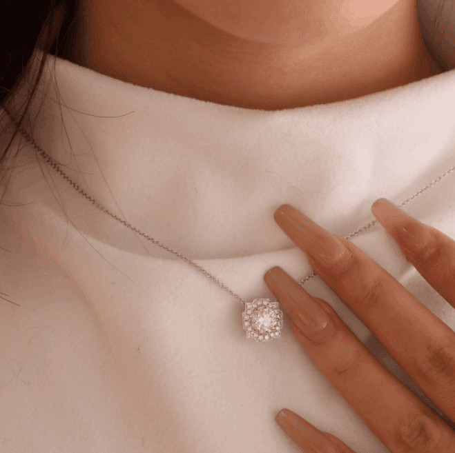 14K Round Brilliant Cut Lab Diamond Halo Setting White Gold Necklace - FIORESE JEWELRY
