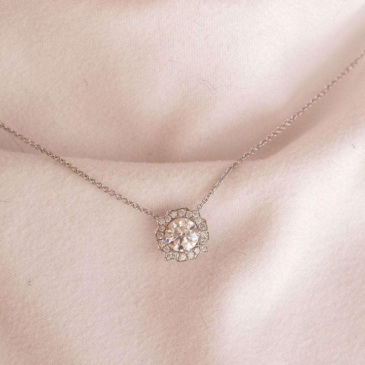 14K Round Brilliant Cut Lab Diamond Halo Setting White Gold Necklace - FIORESE JEWELRY